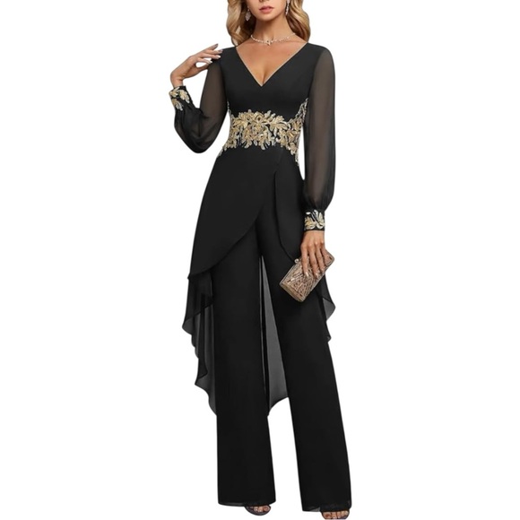 Black and Gold Appliqué 2 piece Pants suit set Semi Sheer Long Sleeves NWT Sz 10 - Picture 1 of 9
